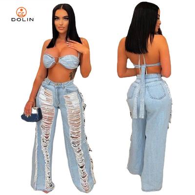 China Dolin new product breathable top and jeans set summer ethika 2 piece set women fitness set lady light blue skyblue collarless for sale