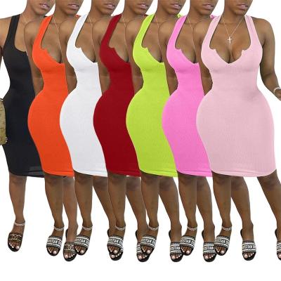 China 2022 V-Neck Breathable Pink Women Dress Bodycon Tank Top Ribbed Dress Stretching Sundress Women Casual Knitting Summer for sale