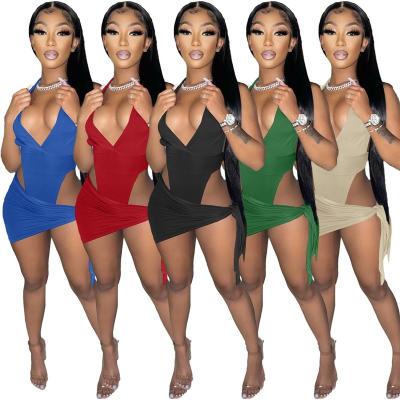 China 2022 QUICK DRY Sexy 2 Piece Set Women Halter Jumpsuit Deep V Neckline Mini Skirt Set Club Wear Outfits Solid Color Summer Skirt Two Piece Set for sale