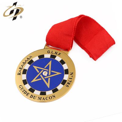 China Cheap Custom Europe Gold Metal Hard Enamel Masonic Medallion With Ribbon for sale