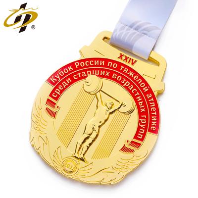 China Cheap Europe 3D Embossed Gold Weightlifting Award Custom Sports Metal Medal With Ribbon for sale