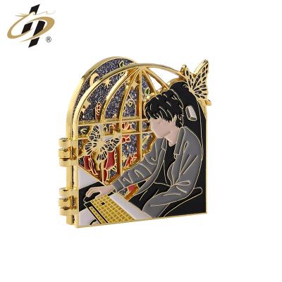 China Custom Asia beautiful enamel gold soft metal bent glitter flower lapel pins for wangyibo for sale