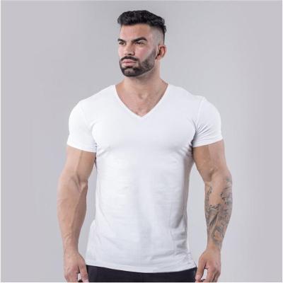 China Fashion V-Neck Sleeve Men Anti-Wrinkle Fitness T-shirt Sports Short Slim Fit Bandage T-shirt Male Solid Tees Tops Summer Knitted Gym Clothing for sale