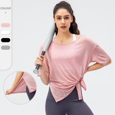 China New Anti-wrinkle Women's Sport Loose Shirt Casual Lightweight Breathable Running T-shirt Split Quick Dry Yoga Shorts for sale