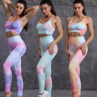 China Breathable Quick Dry Running Sleeveless Women Yoga Sets Seamless Outfits Suit Gradient Dye Tie Active Wear High Waist Solid Top Leggings for sale