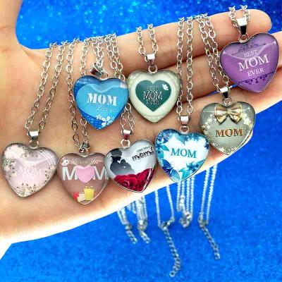 China TRENDY LOVE YOU MOM Glass Pendant Necklace Heart Cabochon Necklace Best Mom Jewelry Mother's Day Gift Ever for sale