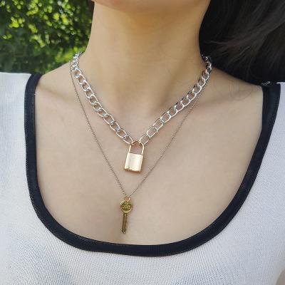 China TRENDY Key Lock Necklace Chokers Gold Chains Necklace Fashion Jewelry Women Double Layer Multilayer Necklace for sale