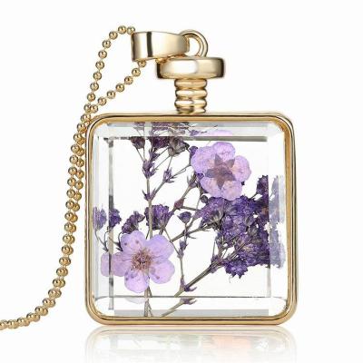 China FASHIONABLE square pendant gold beads chain purple dry flower necklace box pendant necklace glass wholesale for sale