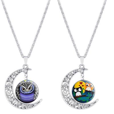 China FASHIONABLE Silver Cavity Moon Chain Gemstone Owl Necklace Gemstone Time Vintage Moon Animal Pendant Necklace for sale