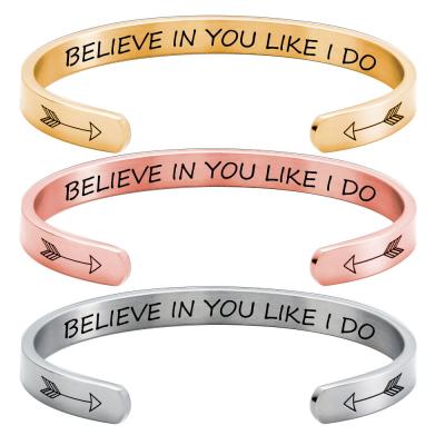 China Punk Stainless Steel Letter Bracelet Believe In You Like I Do Open C-shape Cuff Bracelet For Women for sale