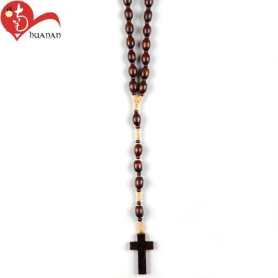 China Luxurious Hot Selling Europe Coffee Color Catholic Wooden Bead Oval Beaded Rosary for sale