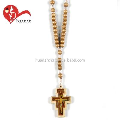 China Europe Huanan Cross Religious Multi Color Wood Catholic Rosary Necklace for sale