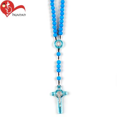 China Wood Custom Design Light Blue Wooden Bead Chain Rosary Necklace Jewelry Price for sale