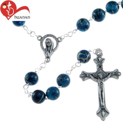 China Charming lampwork cloisonne rosary simple design glass cross necklace with classic glass charm for sale