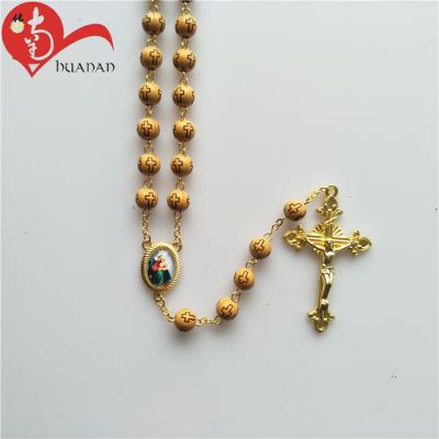 China Beautiful Religious Yellow Stone Beads Rosary Cross Pendant Necklace For Gifts for sale