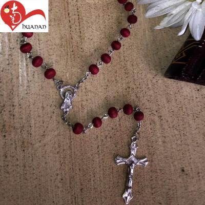 China Europe Small Red Olive Wood Catholic Prayer Rosary Bead Cross Round Necklace for sale