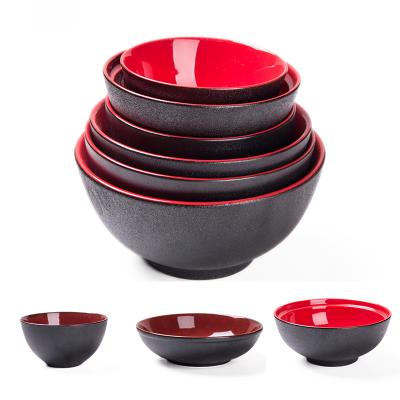 China Japanese Deep Black Ceramic Cereal Bowl Viable Inside Red Soup Ramen Salad Porcelain Bowl Serving Tableware for sale