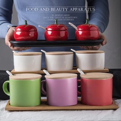 China China OEM Red/White/Green/Purple Ceramic Tomatoes Viable Form Porcelain Seasoning Container With Lid/Handle for sale