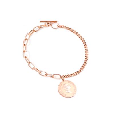 China Hiphop Charm Hot Selling Custom Made Gold Plated Elizabeth Round Woman Coin Stainless Steel Bracelet Jewelry for sale