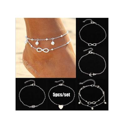 China FASHIONABLE Women Fashion 5pcs Love Heart Charm Bracelet Anklet Silver Chain Bracelet for sale