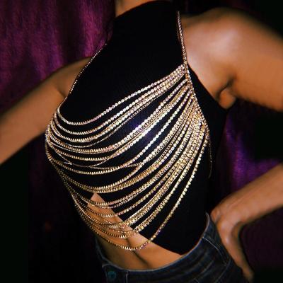 China Other Shiny Tassel Ornament Trend Nightclub Europe And America Luxury Multi-row Rhinestone Chest Necklace Body Chain for sale