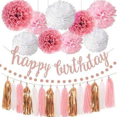 China Beauty Decorations Pink Rose Gold Birthday Party Decorations Set Paper Pom Pom Tinsel Foil Curtain for sale