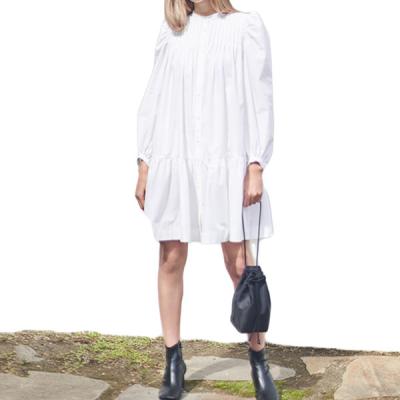 China 2021 New Arrival Cotton Long Sleeve Breathable Pure Shirt Style White Pleated Dress Knee Length Dress for sale