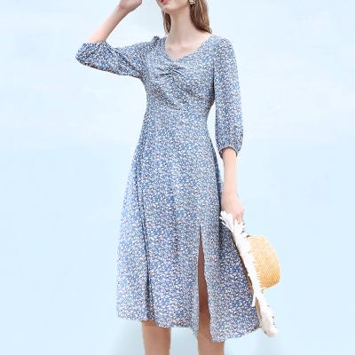 China Women's Summer Breathable Short Sleeve Ruffled Decoration Dress Elegant Long V-Neck Floral Printed Midi Casual Dress for sale