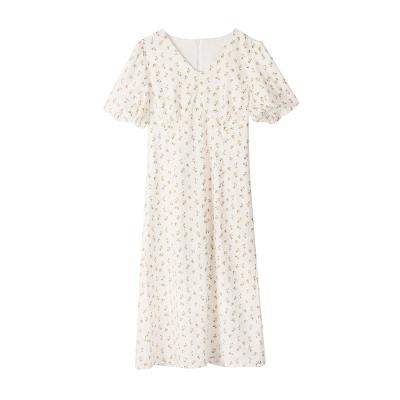 China Summer Breathable V-Neck Design Classic Girl's Breathable Floral Print Short Sleeve Midi Casual Dress for sale