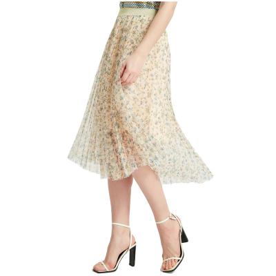 China 2021 Summer Girls Breathable Gauze Floral Printed Double Fabric Knee Length Pleated Skirt for sale