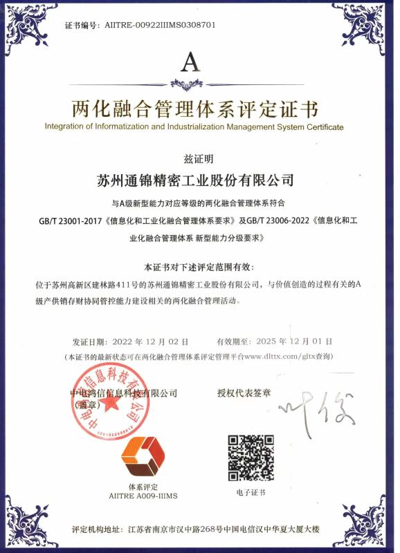 Integration of Informatization and Industrialization Management System Certificate - Suzhou Tongjin Precision Industry Co., Ltd