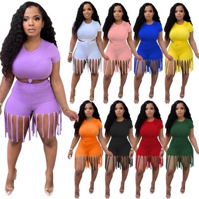 China Breathable S-5xl Plus Size Women Clothing New Arrivals Crop Top Shirt With Tassels Shorts Pants Two Piece Set 2021 for sale