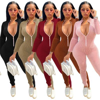 China 2021 New Autumn Sleeve Rompers Fitness Ladies Women's One Piece Stretch QUICK DRY Corduroy Long Rib Knit Bodycon Overalls for sale