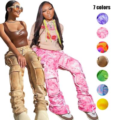 China 2021 QUICK DRY fashionable multi print sport pencil joggling sweat cargo pants stacked jogger pants with side pockets for sale