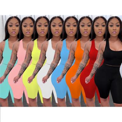 China 2021 Autumn Boutique Lady Gym Clothes Tank Color Pants Solid Breathable Plus Size Women Fitness Short Two Piece Sets for sale