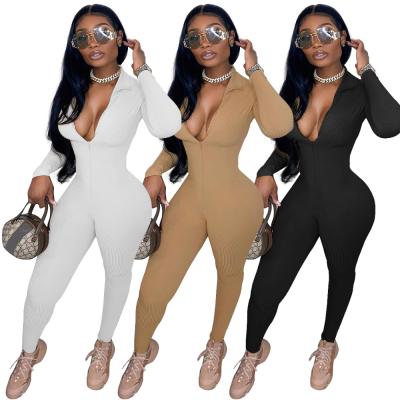 China Anti-pilling Zipper Design V-Neck Jumpsuits For 2022 New Arrivals Solid Yarn Bodycon One Piece Jumpsuits Knitting Onesie Romper Women for sale