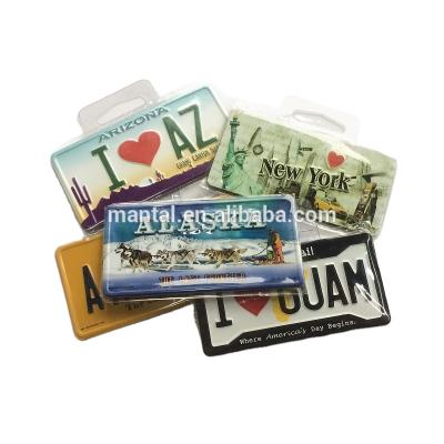 China Shape Souvenir Logo Metal Plate Fridge Magnets Custom Embossed License Plate Magnet for sale