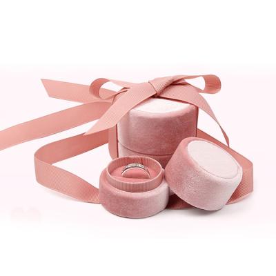 China Luxury Round Velvet Ribbon Silk Style Velvet Jewelry Box For Wedding Gift Ring Pendant Packaging Pink Ribbon Custom Velvet Jewelry Boxes for sale