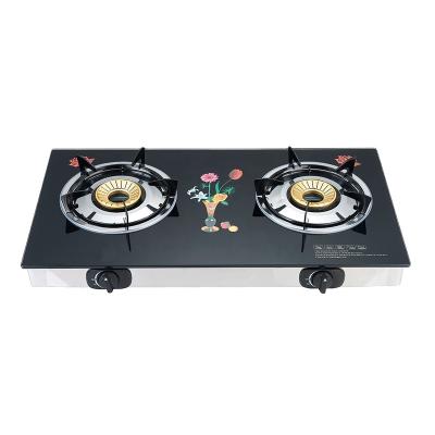 China Africa Style Commercial Competitive Double Iron Burner Tempered Glass Gas Stove for sale