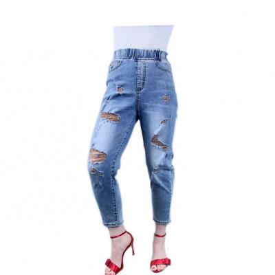 China Others New Arrival Elastic Waist Color Yarn Ripped Ladies Jeans Pants For Women for sale