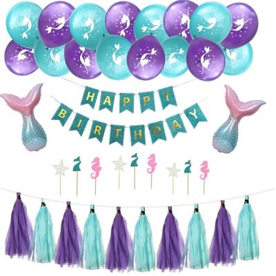 China Mermaid Theme Birthday Party Disposable Paper Supplies For Girl Including Banner Tassel Balloon Cake Topper for sale