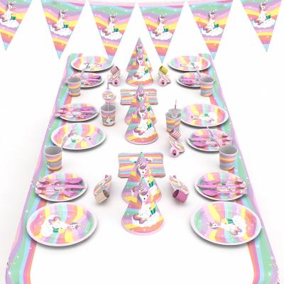 China Disposable Eco-Friendly 66 Pcs Kids Birthday Party Decorations Set Rainbow Unicorn Party Supplies for sale