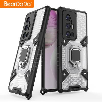 China Anti-fall Metal Bracket 2 In 1 Transparent Lanyard Phone Case With Holder Armor Phone Case Magnetic Clear For VIVO X70 Pro Plus for sale