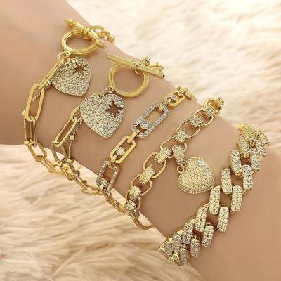 China 2022 TRENDY Trendy Ins Real Gold Plated 18K Gold CZ Crystal Charm Chain Bracelet Women Real Filled Brass Chain Bracelet for sale