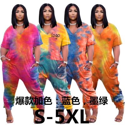 China Plus Size V-Neck Women's Anti-Pilling Tie Dye Overalls Women Short Sleeve Tie Dye Print Overalls With Pockets for sale