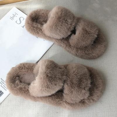 China CUSHIONING Winter Housewomen Fur Slippers Cross Band Fashion Plush Warm Ladies Plush Shoes Comfortable Open Toe Girls Indoor Fuzzy Slides For for sale