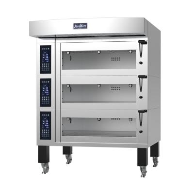 China Commercial Catering 3 Deck 6 Tray European Style Smart Electric Oven With Bottom Box Shelf for sale