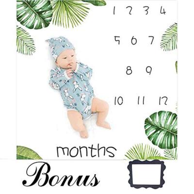 China China PORTABLE Soft Photography Custom Green Leaves Floral Flannel Newborn Baby Monthly Milestone Blanket with Cards for sale