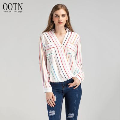 China OOTN Breathable White Women Sheath Long Sleeve Rainbow Pocket V-Neck Blouse Tops Office Ladies Casual Shirt Women Chiffon Blouse Shirt for sale