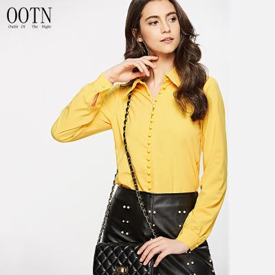 China OOTN Breathable Spring Autumn Lady Work Clothing Chinese Style Yellow Women Button Down Long Sleeve Female Office Tops White Chiffon Blouse for sale